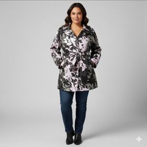 Laura Plus Floral Women's Black Pink Grey Belted Trench Pea Coat Jacket Sz 14